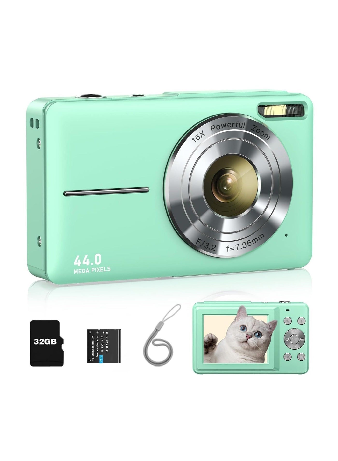 Compare Digital Camera for Kids, FHD 1080P 44MP Point and Shoot Camera with 32GB SD Card, 16X Zoom, Compact Digital Camera with Lanyard, Gift for Boys and Girls – Green at KSA Price