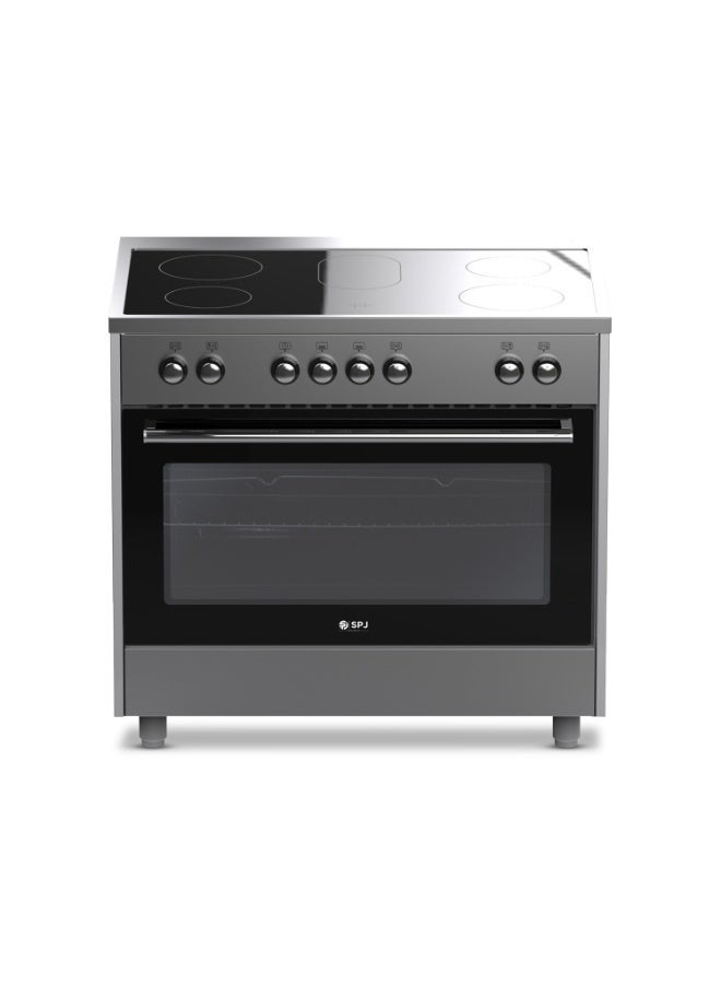 Compare SPJ Standing Electric Cooker 90x60cm with 110L Oven, Vitro Ceramic Hob 5 Zones 2x1800W + 2x1200W + 1x2000W, Electric Grill, Mechanical Timer, Adjustable Legs – Silver at KSA Price