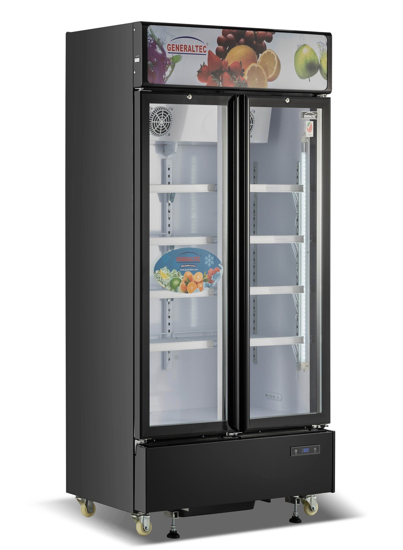 Compare Generaltec Double Glass Door Showcase Chiller – Black | Adjustable Shelves, LED Light, Digital Thermostat, 5Year Compressor Warranty at KSA Price