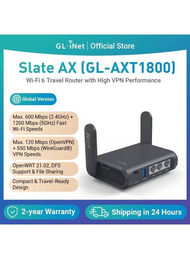 Compare GL.iNet GLAXT1800 Slate AX Portable Gigabit Travel Router, PocketSized, WiFi 6, ExtenderRepeater for Hotel&Public Network Storage, VPN Client&Server, OpenWrt, Adguard Home, USB3.0, TF Card Slot at KSA Price