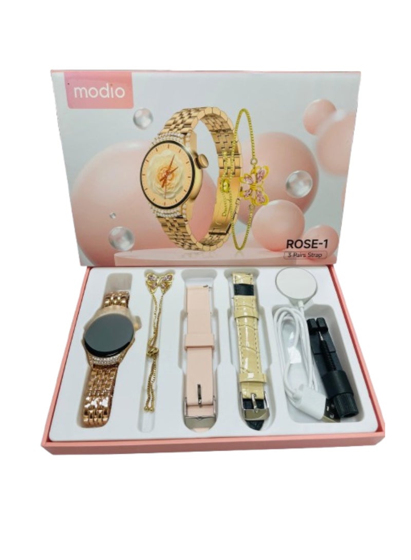 Compare 3+1 pairs Gift Collection watch Luxurios Full Touch Color Screen Bluetooth Calling Health and Sports Smartwatch Gold at KSA Price