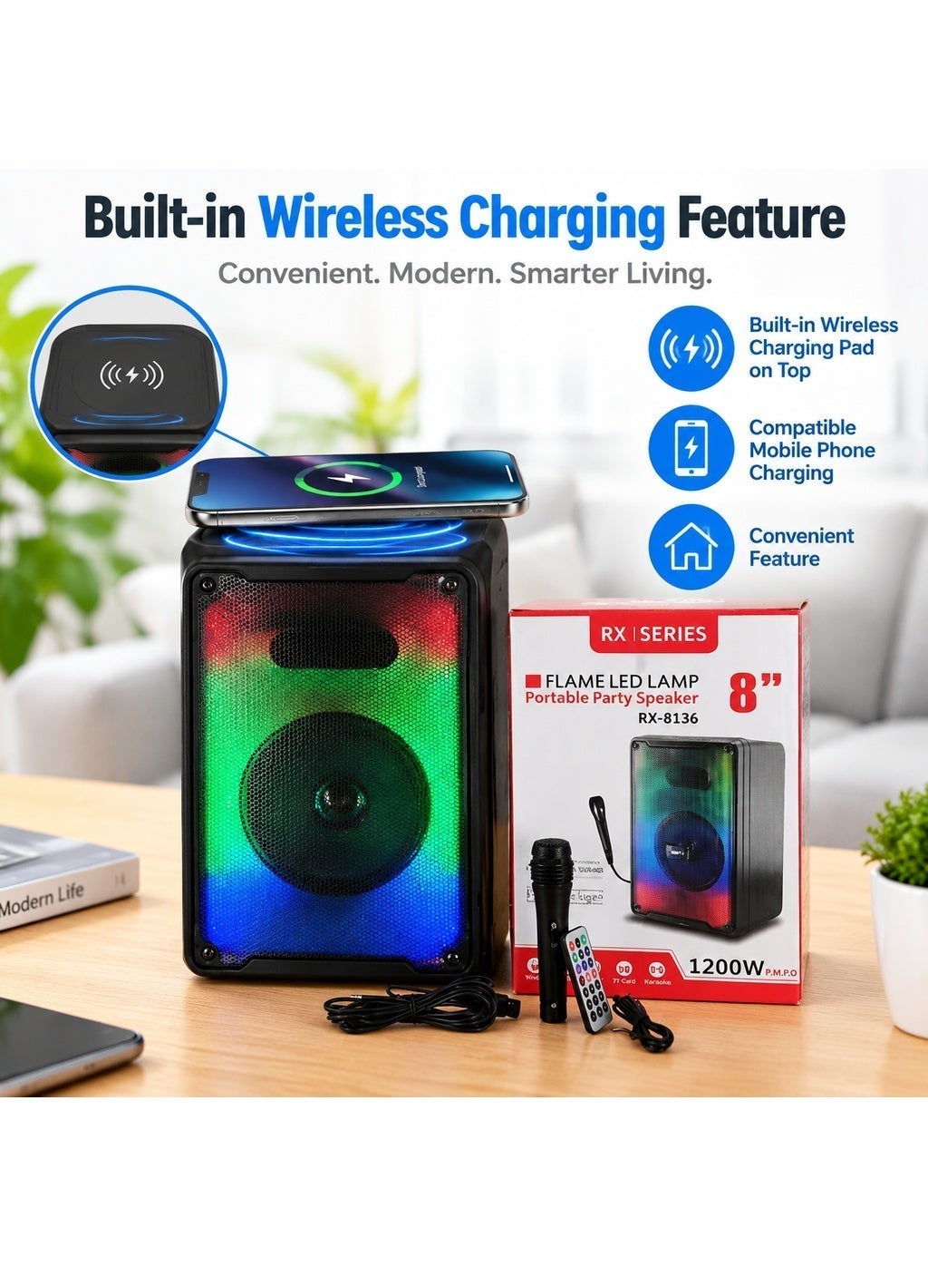 Crony RX-8136 big bluetooth speaker 8 inch flame…