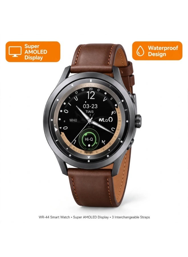 Compare WR44 Smart Watch with Super AMOLED Display, Waterproof Fitness Tracker, Heart Rate & Sleep Monitoring, Sports Modes, Bluetooth, 3 Straps, Full Touchscreen for Men & Women at KSA Price