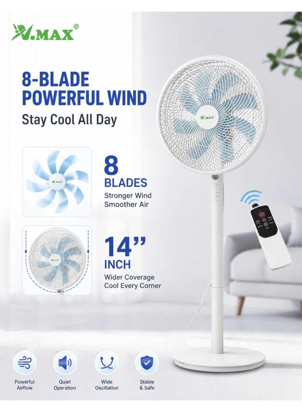Compare V.MAX 14Inch Standing Fan with Remote Control, 45W Electric Pedestal Fan, 8Blade Quiet Fan, 3Speed Oscillation Floor Fan for Home & Office, White at KSA Price