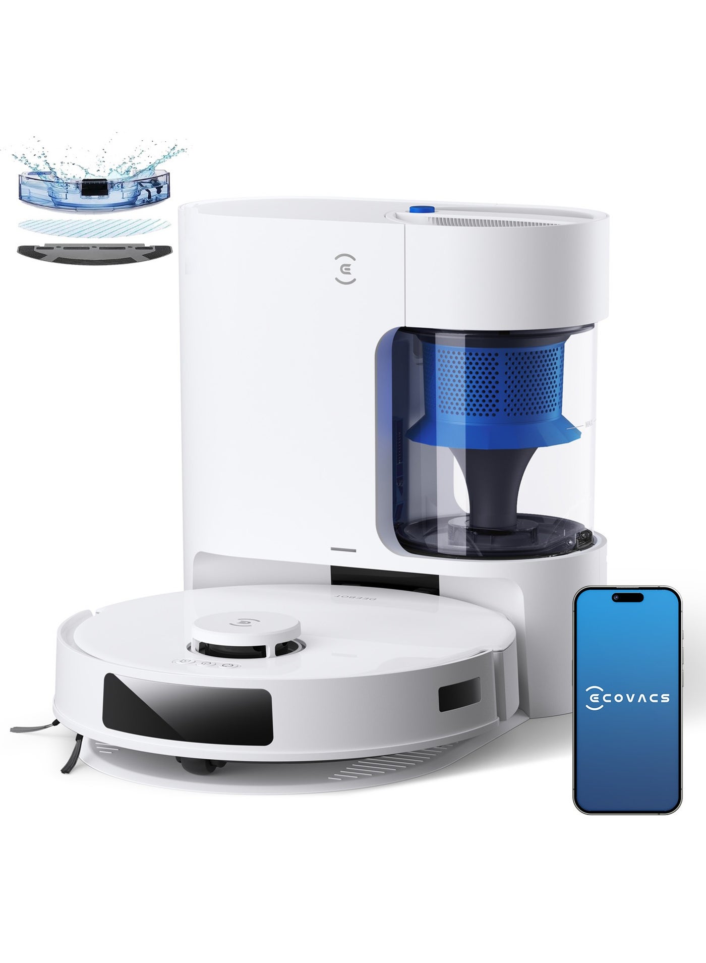 Compare DEEBOT Robot Vacuum Clener, 8000 Pa Strongest Suction for Deep Cleaning and Mopping, AntiTangle Technology, TrueMapping Intelligent Path Planning, AutoEmpty, APP Control 45.0 W N20 PRO PLUS White at KSA Price