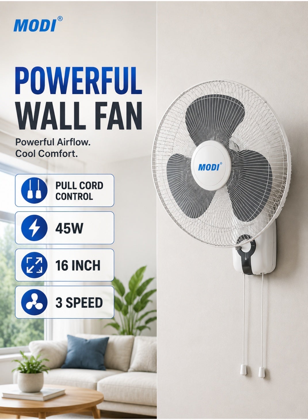 16 Inch Wall Fan, 45W 3-Speed Wall Mounted Cooling…