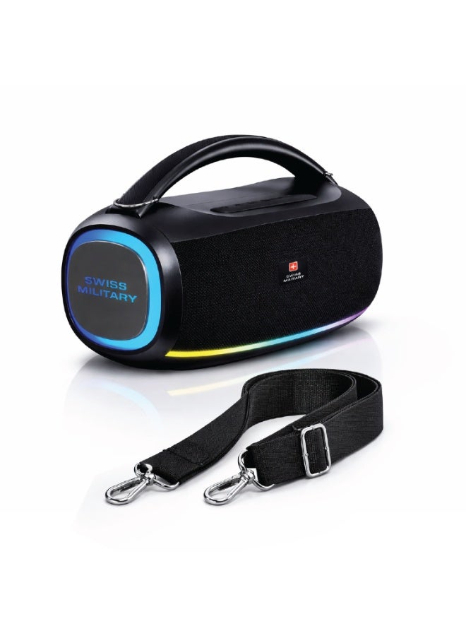 Compare Swiss Military 500W Boombox Ultra Bluetooth Party Speaker | 100mm Driver, Deep Bass, RGB Lights, 6H Battery, Builtin Mic | USBC, AUX, USB, MicroSD | Portable Outdoor Speaker with Shoulder Strap at KSA Price