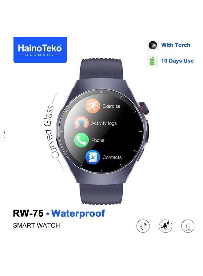 Compare RW75 Waterproof Smart Watch – Curved AMOLED Display, Bluetooth Calling, Heart Rate & Sleep Monitoring, MultiSport Fitness Tracking, Smart Notifications, Long Battery Backup, 3 Interchangeable Straps & Fast Charging – Gents Blue at KSA Price