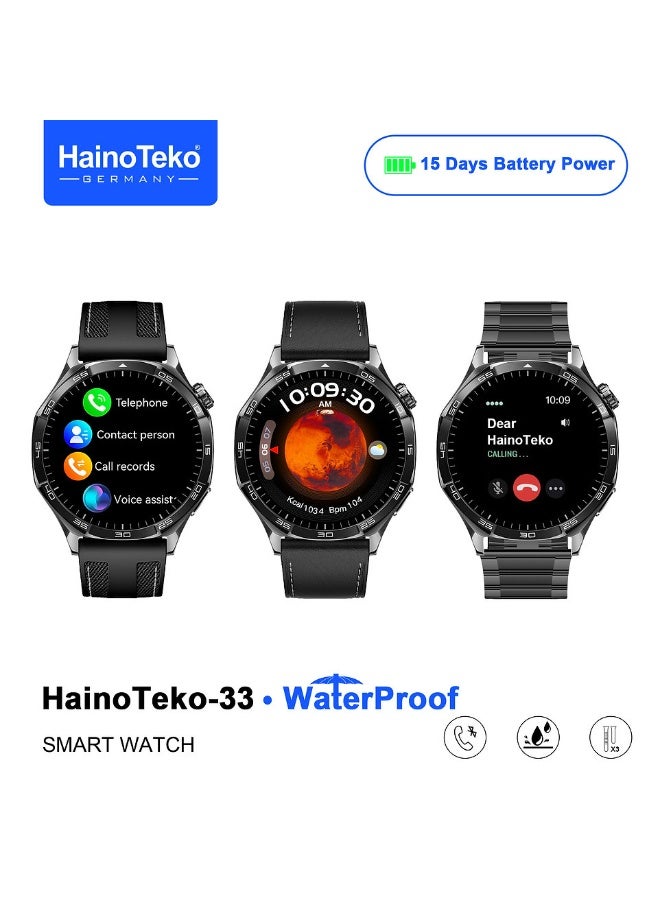 Compare HainoTeko33  Waterproof Smart Watch With AMOLED Display Bluetooth Calling 15 Days Battery Life and 3 Pair Straps Designed for Men Black at KSA Price