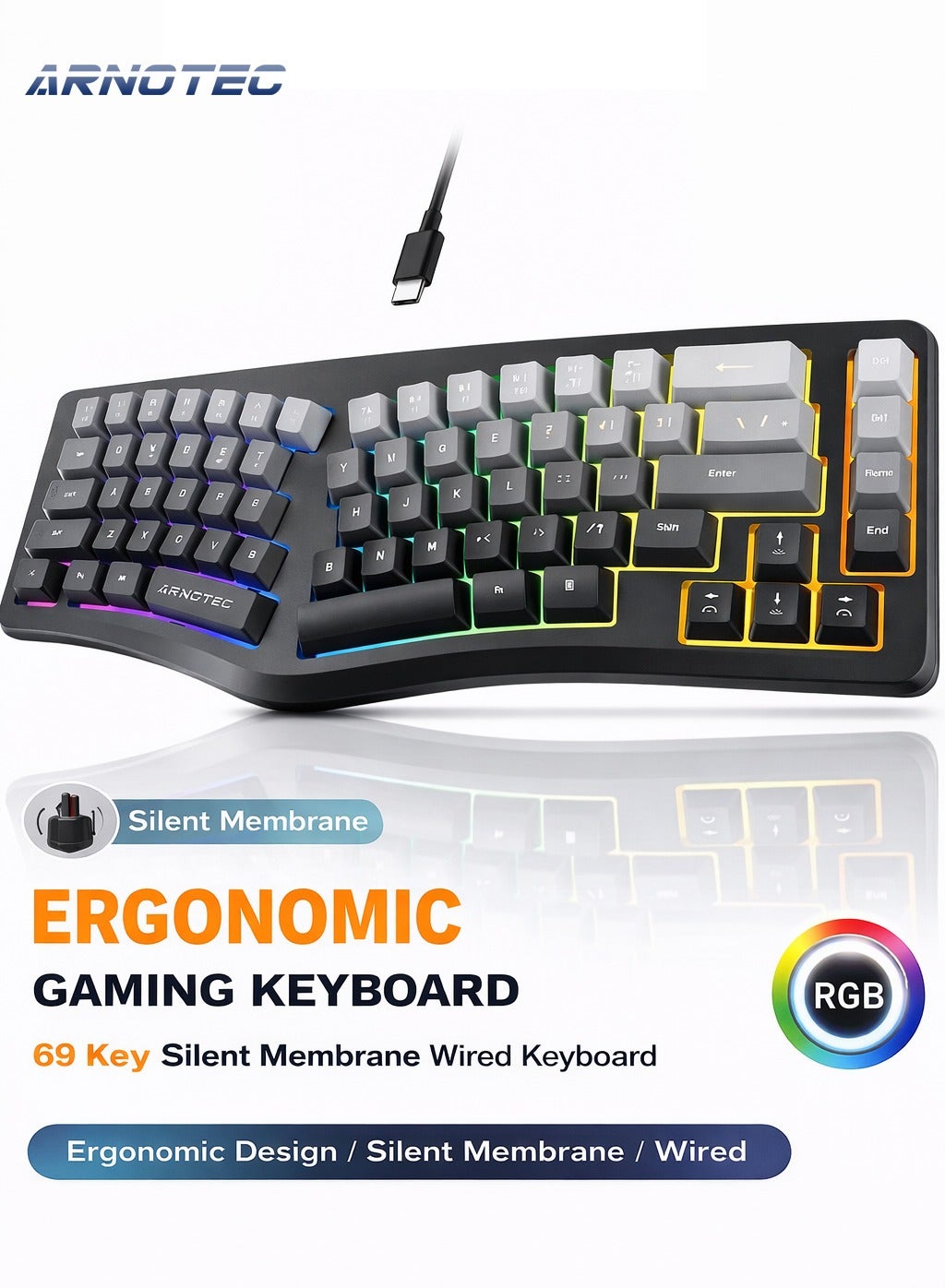 Egonomic mechanical keyboard, 69-key compact layout,…