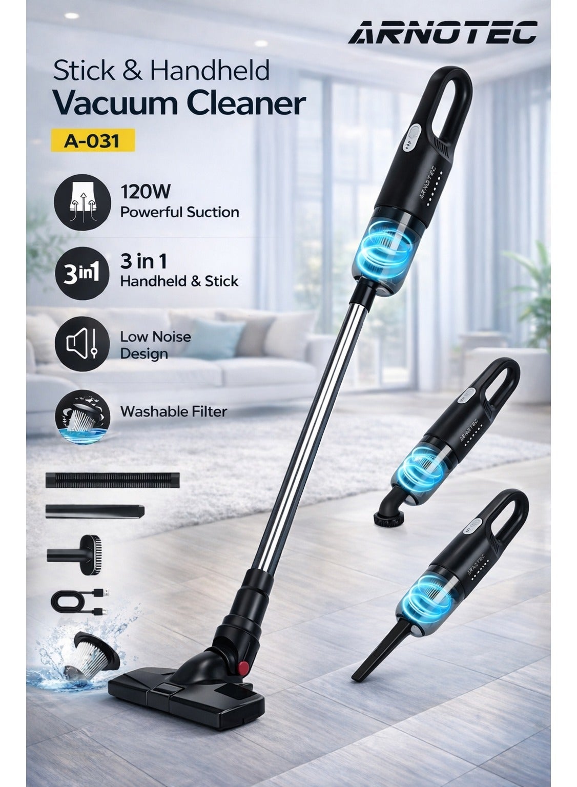 Compare Cordless Vacuum Cleaner 12,000Pa Strong Suction, 120W Brushless Motor, 2Way Handheld & Stick Vacuum, TypeC Rechargeable, Ultra Lightweight 0.6kg, LED HEPA Filter, Quiet Design at KSA Price