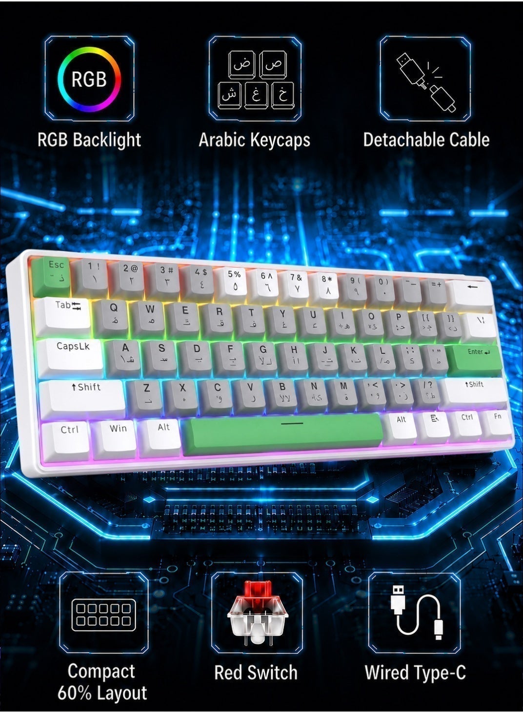 61-Key Arabic Bilingual Keyboard with 26-Key Anti-Ghosting…