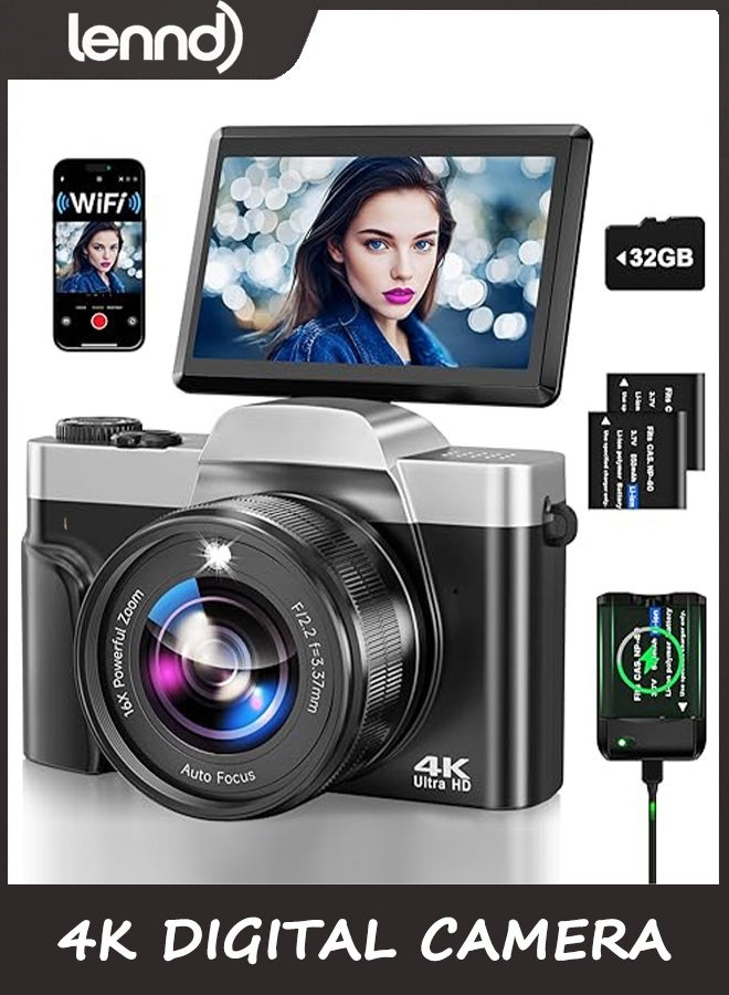Compare 4K Digital Camera for Photography with WiFi, 2025 Latest AutoFocus Vlogging Camera for YouTube Video 3 180° Flip Screen Travel Cameras 16X Zoom AntiShake 4K Cameras with SD Card, 2 Batteries at KSA Price