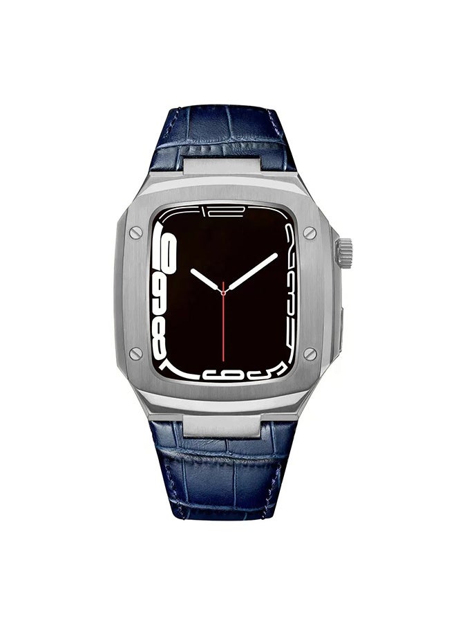 Compare Stainless Steel Case with Genuine Leather Watch Band For Apple Watch 44mm 45mm, Luxury Metal Protective Bumper Cover for Men Blue at KSA Price