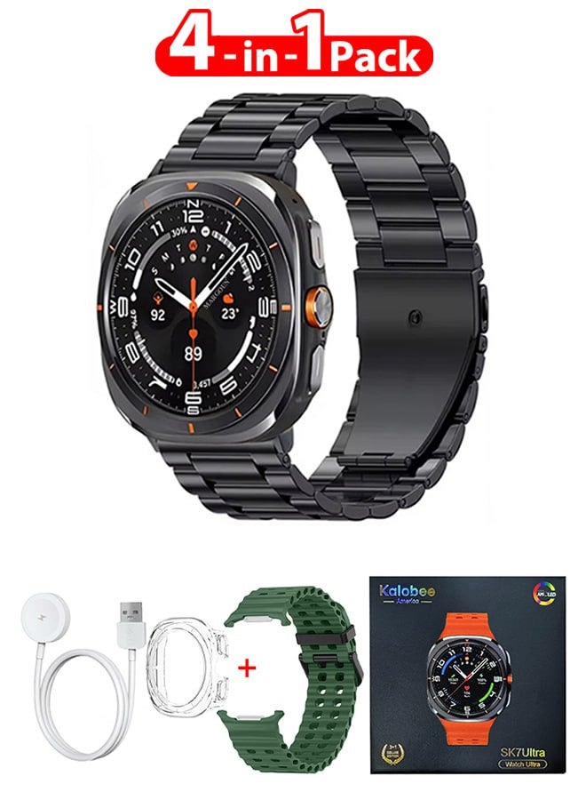 Compare SK7 Ultra Smartwatch Bundle With Accessories Including 1 Black Stainless Steel Band 1 Green Silicone Band a Charging Cable and a TPU Case Protector at KSA Price