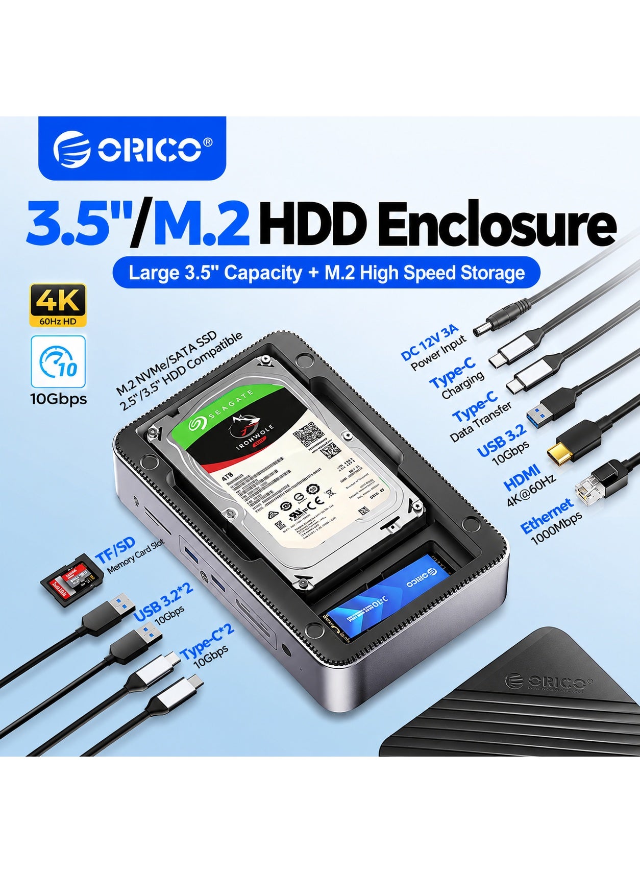 Compare ORICO D35M2 12in1 USBC Docking Station with Dual Hard Drive Enclosure – Supports M.2 NVMeSATA & 2.53.5 SSD, 10Gbps Data Transfer, 4K@60Hz HDMI, 100W PD, SDTF Card, Ethernet, USB Hub at KSA Price