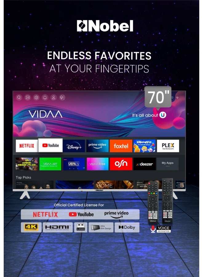 Compare 70” 4K UHD VIDAA Smart TV | Ultra HD DLED Display | Builtin Netflix, YouTube & Prime Video | Voice Control & Bluetooth | DualBand WiFi | 3 HDMI & 2 USB Ports | Dolby Audio for Cinematic Sound UHD70VID Black at KSA Price