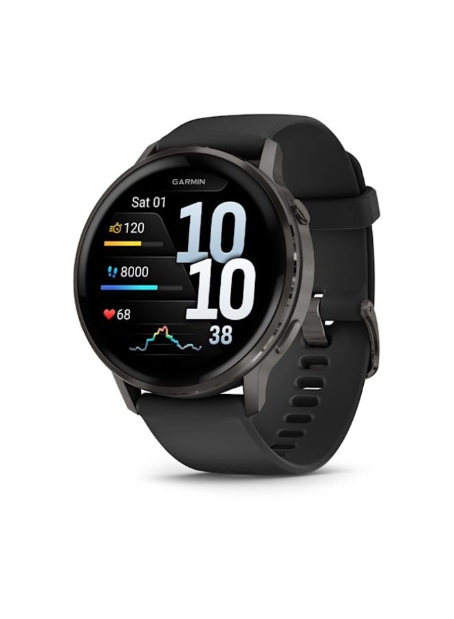 Compare Venu 4 – 45 mm  Slate with Black Silicone Band , Upto 12 Days of Battery Life and Bright, Colorful 1.4 Inch Amoled Display , Lightweight 45MM Case with a Metal Design , iOS and Android compatible Black at KSA Price