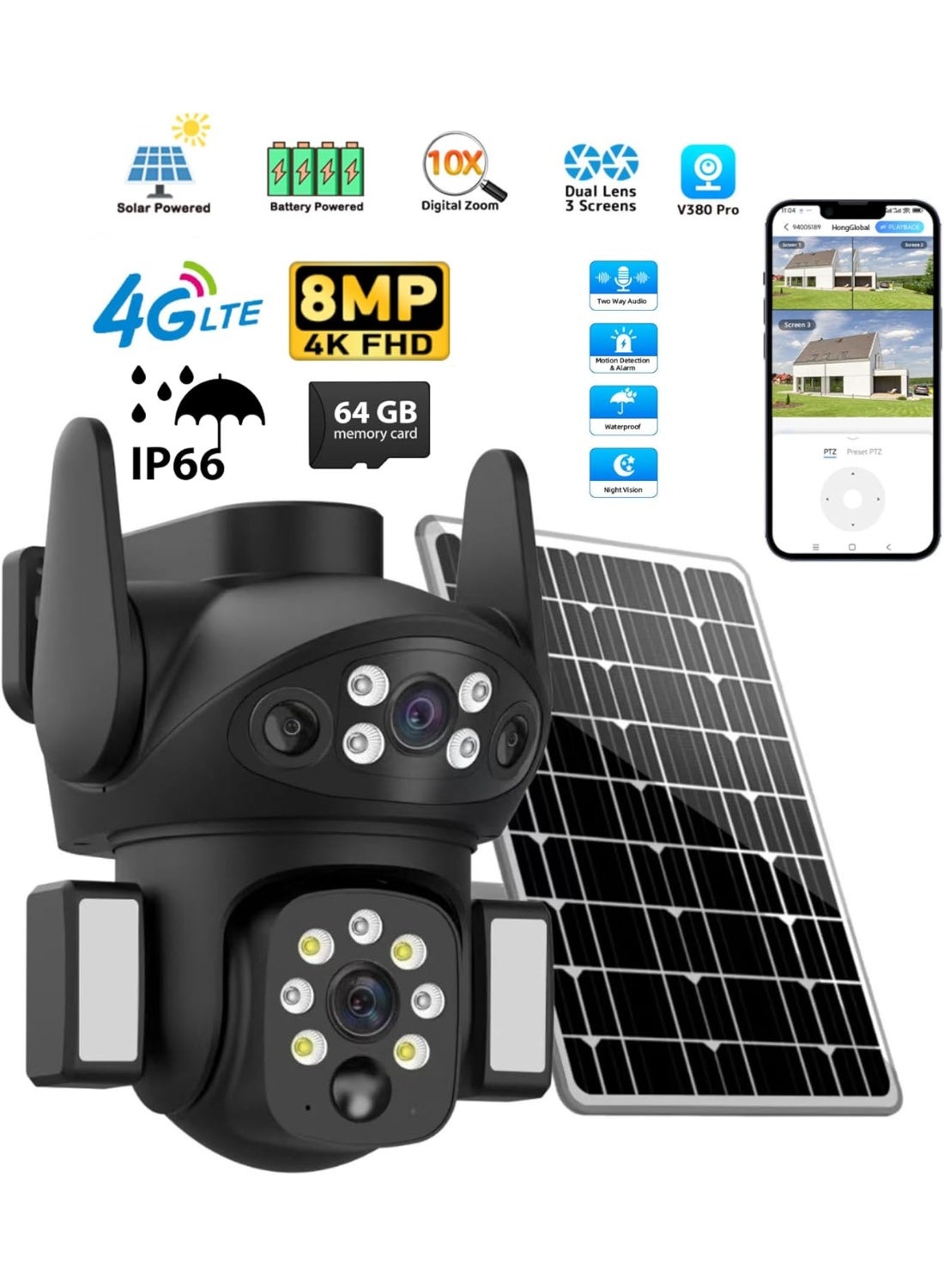 Compare 8MP 4K Dual Lens Outdoor Security Camera – 360° Wireless PTZ IP Camera with 4G SIM Connectivity, Solar Powered, Night Vision, Human Detection, TwoWay Audio, V380 Pro App Control, 64GB SD Card – Home, Garden & Office Security at KSA Price