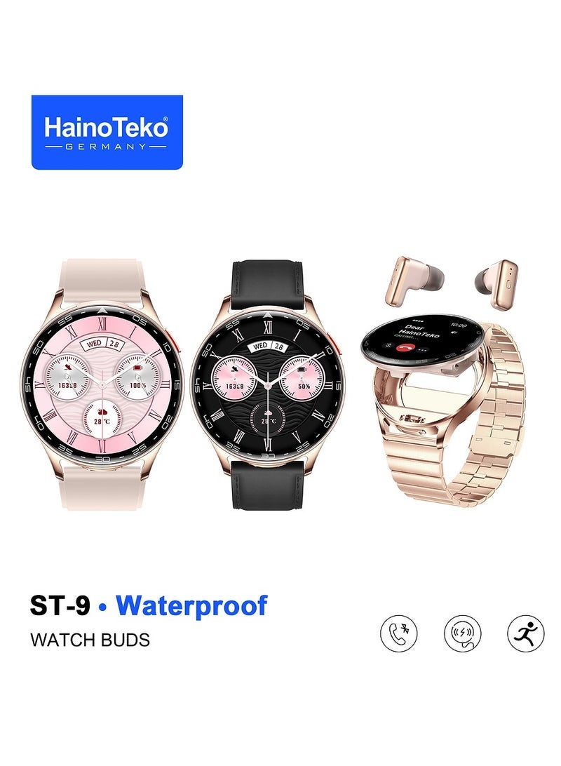 Compare Haino Teko ST9 Smart Watch Buds Combo – Waterproof Smartwatch with Integrated Wireless Earbuds, 3 Pairs of Interchangeable Straps, Charging Cable, Heart Rate & Sleep Tracking, Fitness Modes, Long Battery Life, Stylish Design for Ladies and Gents at KSA Price