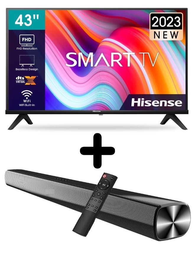 Compare 43inch Smart Full HD TV +  Soundbar Bundle | VIDAA OS, DTS VirtualX, HDMI ARC, Bluetooth, USB, FM Radio – Home Entertainment Package 43A4K+SOUNDBAR Black at KSA Price
