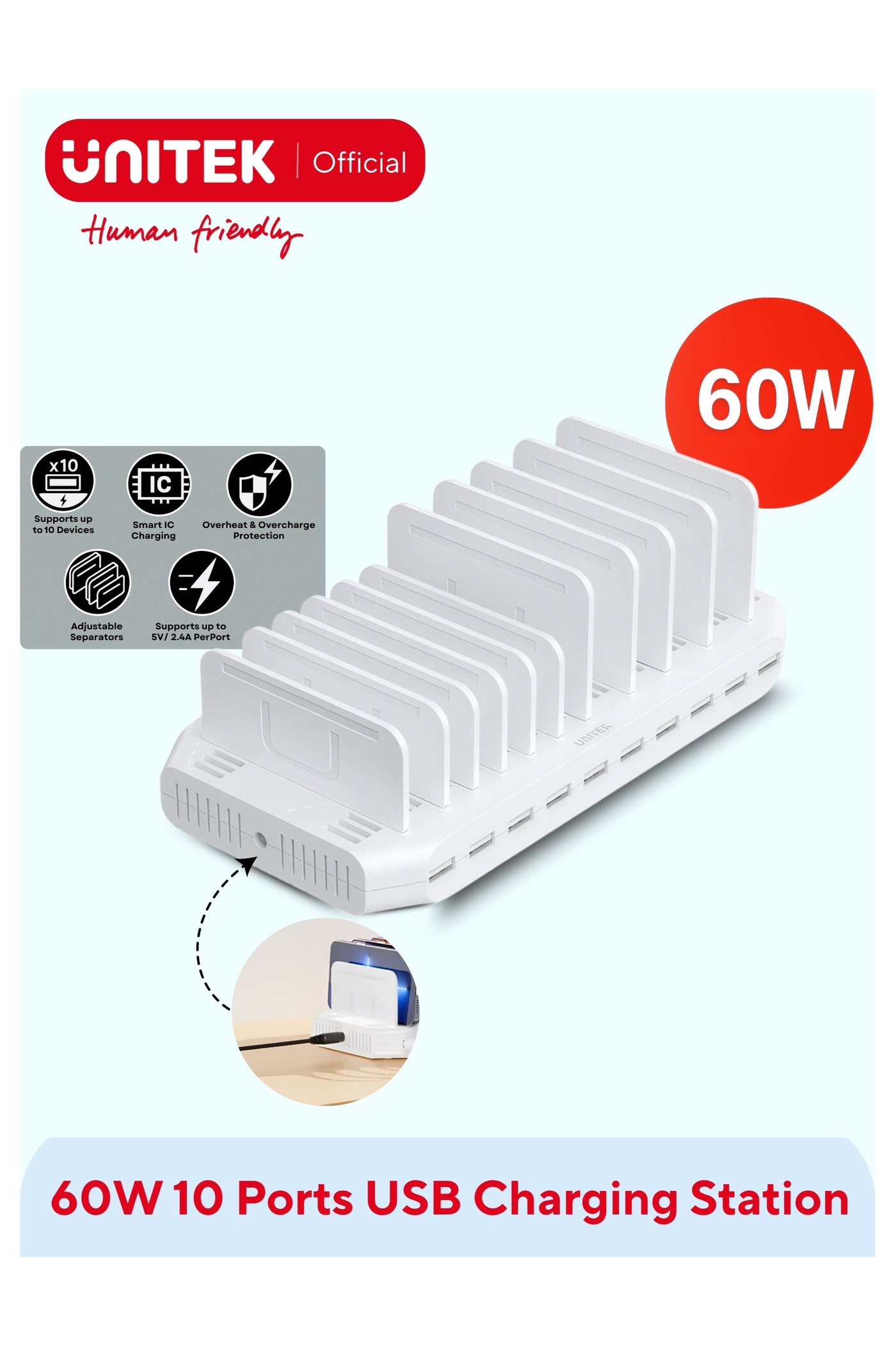 Compare UNITEK 60W 10Port USB Charging Station, USBA Ports with 2.4A BC1.2 Fast Charging, Adjustable Dividers, LED Indicator, Overcharge Protection, for Smartphones & Tablets at KSA Price