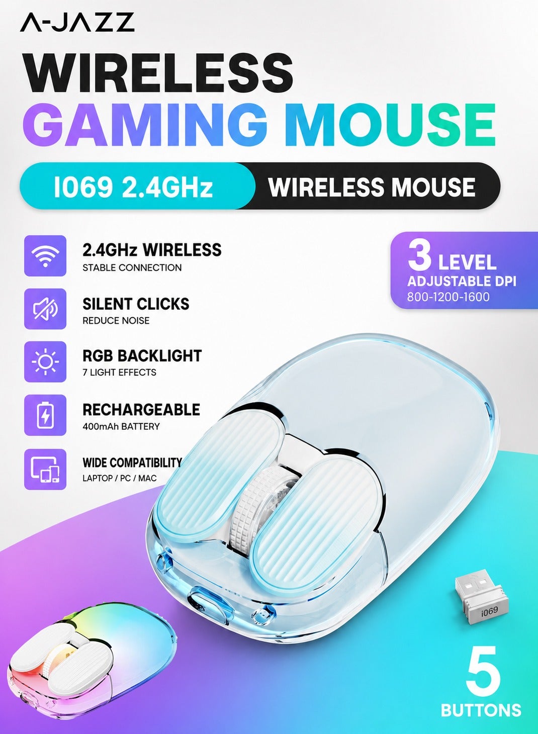 I069 2.4GHz Wireless Gaming Mouse,Portable Fully Transparent…