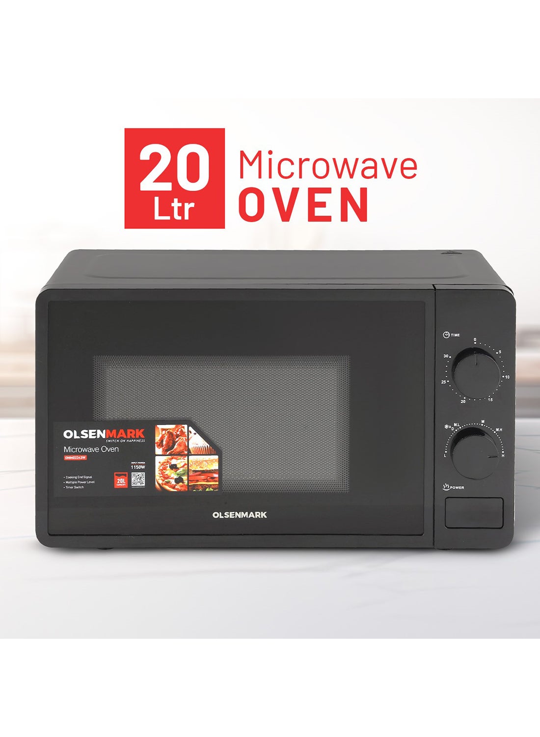 Compare Electric Microwave Oven, 5 Multiple Power Levels with Easy Controls and Cooking End Signal, Perfect for Reheating, Defrosting, Cooking 20 L 1150 W OMMO2343W Black at KSA Price
