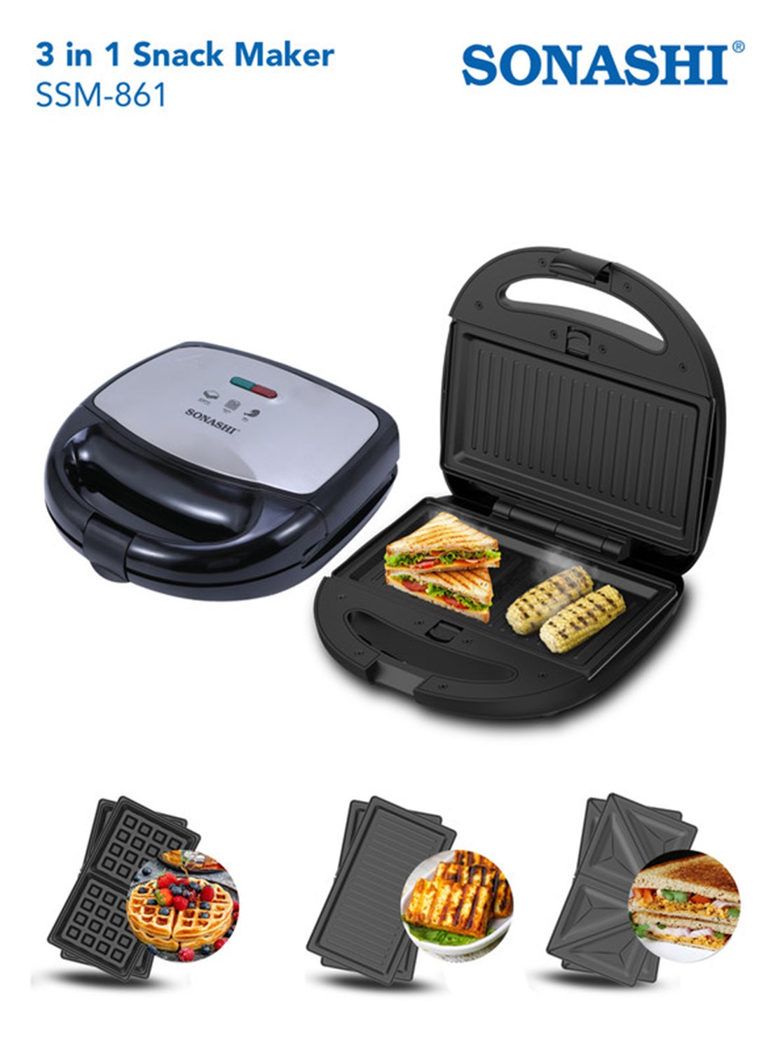 Compare 3 in 1 NonStick MultiSnack Maker with Detachable Plates | 800 W|Cooks Delicious Crispy SandwichesWafflesGrills | Cool Touch Handle | Automatic Temperature Control | AntiSkid Feet| Indicator Lights | Easy to Clean | SSM861N BlackSilver 800 W SS at KSA Price
