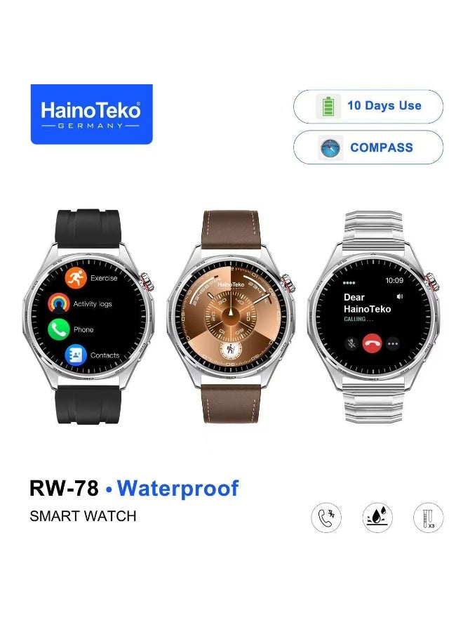 Compare HainoTeko RW78 Waterproof Smart Watch With AMOLED Display Bluetooth Calling 10 Days Battery Backup 3 Pair Straps and Charging Cable Designed for Ladies and Gents Silver at KSA Price