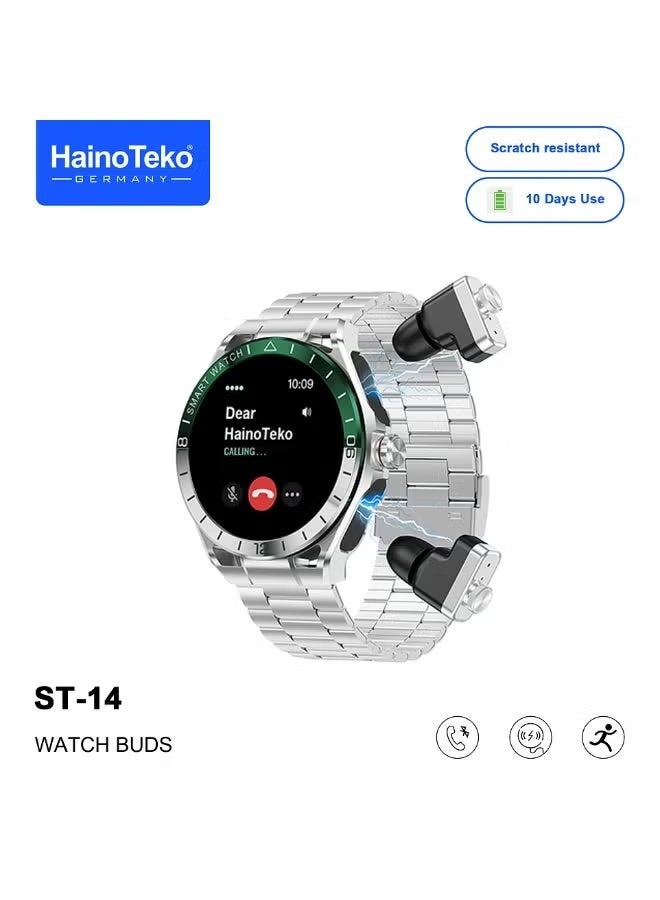 Compare ST14 Watch Buds Smart Watch for Men with Builtin Wireless Earbuds, AMOLED HD Display, Bluetooth Calling, Fitness Tracker, Heart Rate & Sleep Monitor, Multi Sport Modes, Long Battery Life, 3 Straps at KSA Price