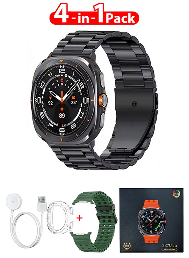 Compare SK7 Ultra Smartwatch Bundle With Accessories Including 1 Black Stainless Steel Band 1 Green Silicone Band a Charging Cable and a TPU Case Protector Green at KSA Price