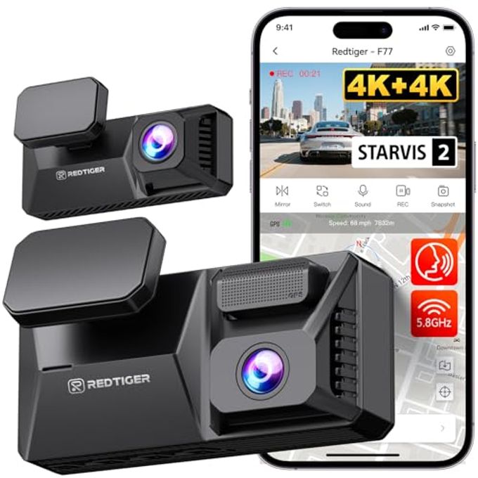 Compare F77 4K+4K Dash Cam Front And Rear, Dual Starvis 2 Imx678 Hdr, BuiltIn 128Gb Emmc, Voice Control Dash Camera For Cars With 5.8Ghz Wifi, 4 Touch Screen, Gps, Night Vision, 24H Parking Mode at KSA Price