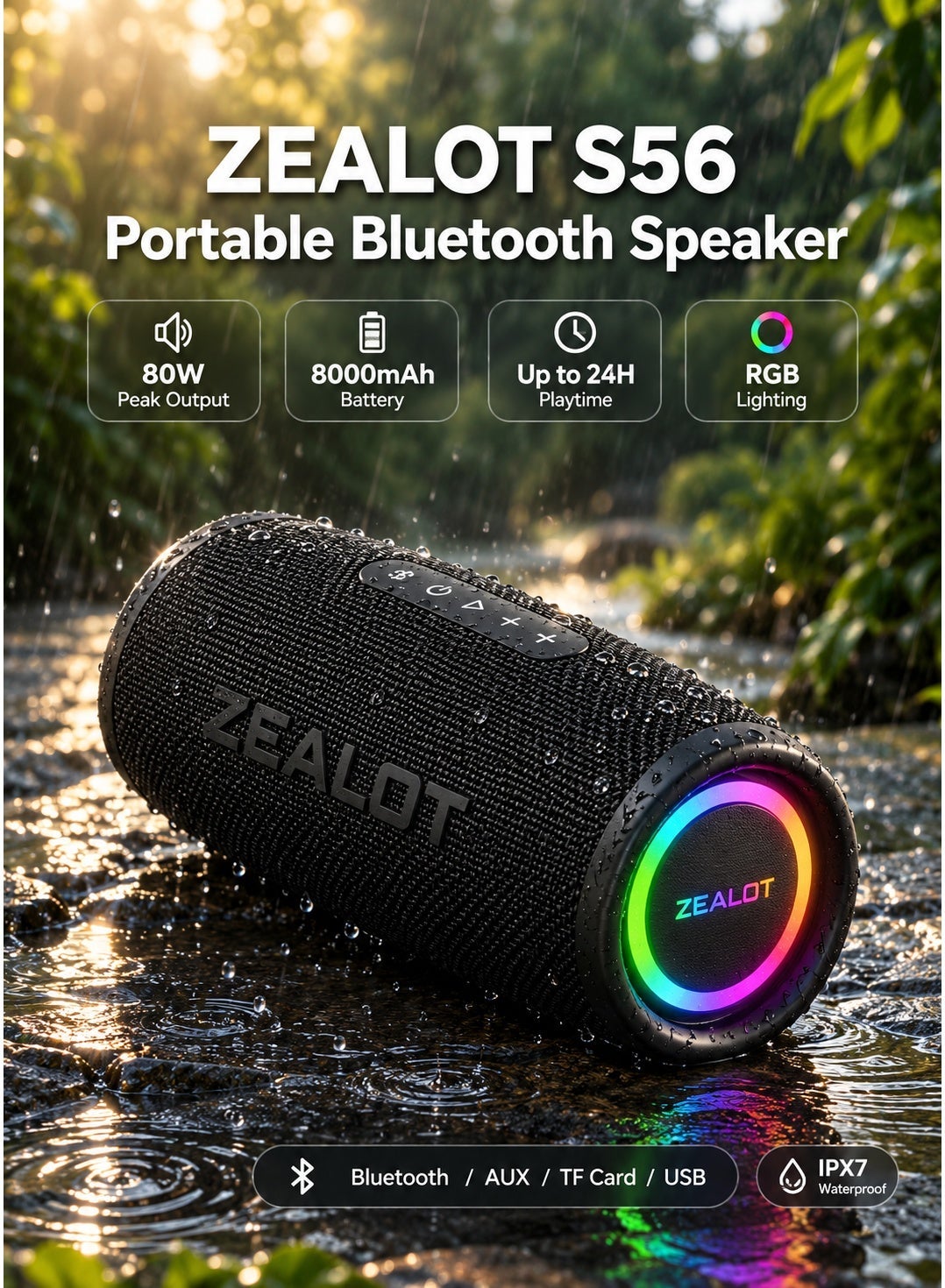 Compare ZEALOT S56 Portable Bluetooth Speaker 80W Peak Power 8000mAh Battery 24H Playtime IPX7 Waterproof RGB Lights TWS Dual Pairing TF USB AUX Outdoor Wireless Speaker at KSA Price