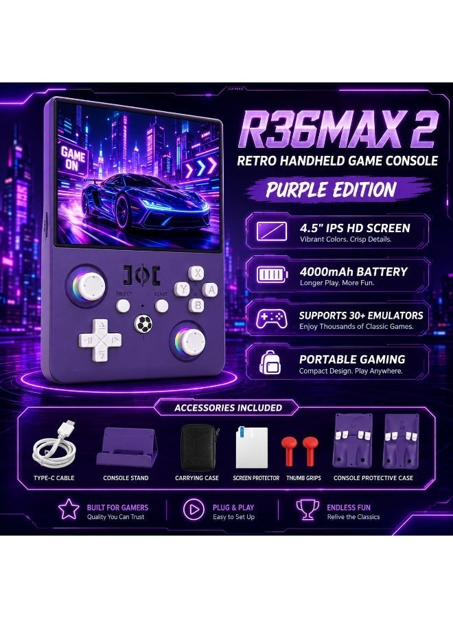 Compare R36MAX 2 Retro Handheld Gaming Console, 4.5” IPS HD Screen Portable Game Device, 1.5GHz HighPerformance CPU, 4000mAh Battery, Multi Emulator Support, Classic Retro Arcade Video Gaming Console – Purple at KSA Price
