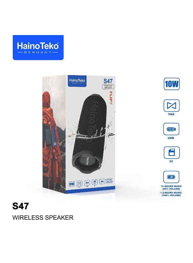 Compare Haino Teko S47 Portable Wireless Bluetooth Speaker with 10W Output, Deep Bass, TWS Function, USBTF Card Support, and 15Hour Playtime – Black at KSA Price