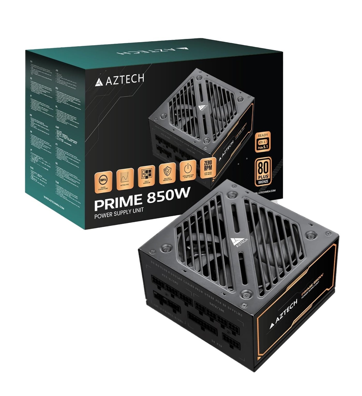 Compare AZTECH PRIME 850W 80 Plus  BRONZE  PSU ATX 3.1 & PCIe 5.1 Ready Fully Modular Power Supply Ultra‑Quiet Hybrid Fan PSU 120 mm, Japanese 1005 °C Caps, ZERO RPM Low noise Control RTX 40 at KSA Price