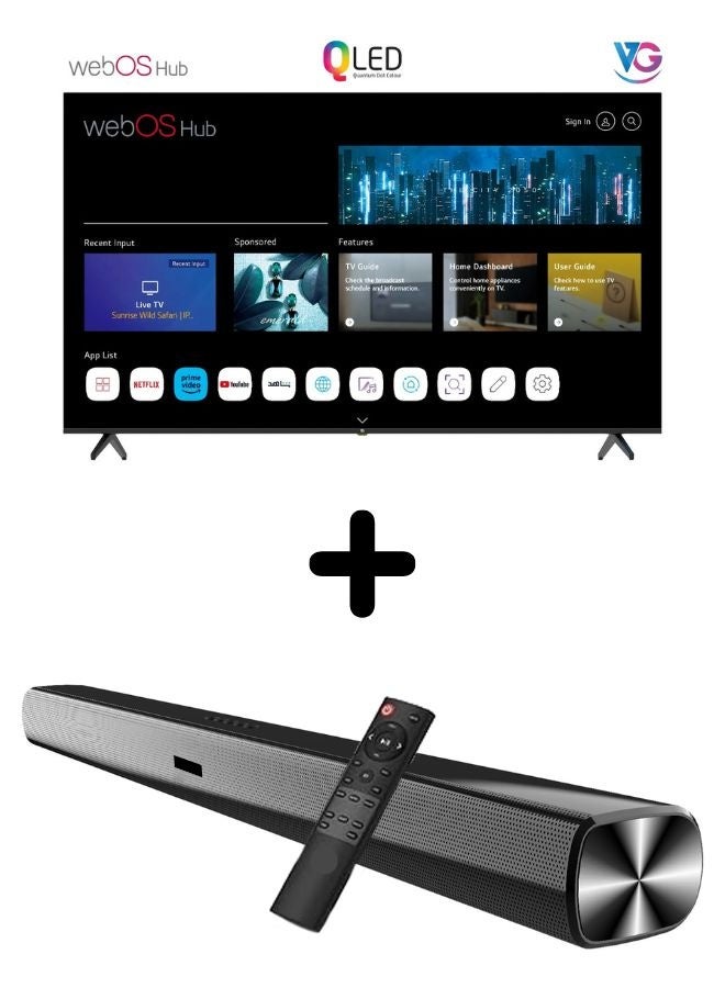 Compare VG Bundle Of 85inch 4K UHD QLED Smart TV WebOS Hub, A+ Grade Panel, Magic Remote, Dolby Audio With Soundbar Bluetooth, FM Radio, 2.0 Channel Audio at KSA Price