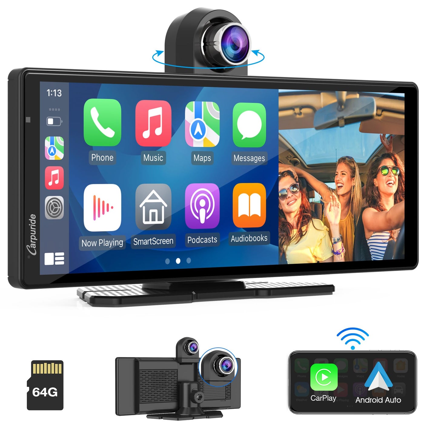 Compare Carpuride 4K W903 Portable Wireless Carplay Android Auto with Dash Cam 93 HD IPS Screen 4K Front Camera Loop Recording Bluetooth Mirror Link GPS Siri Dashboard Mounted at KSA Price
