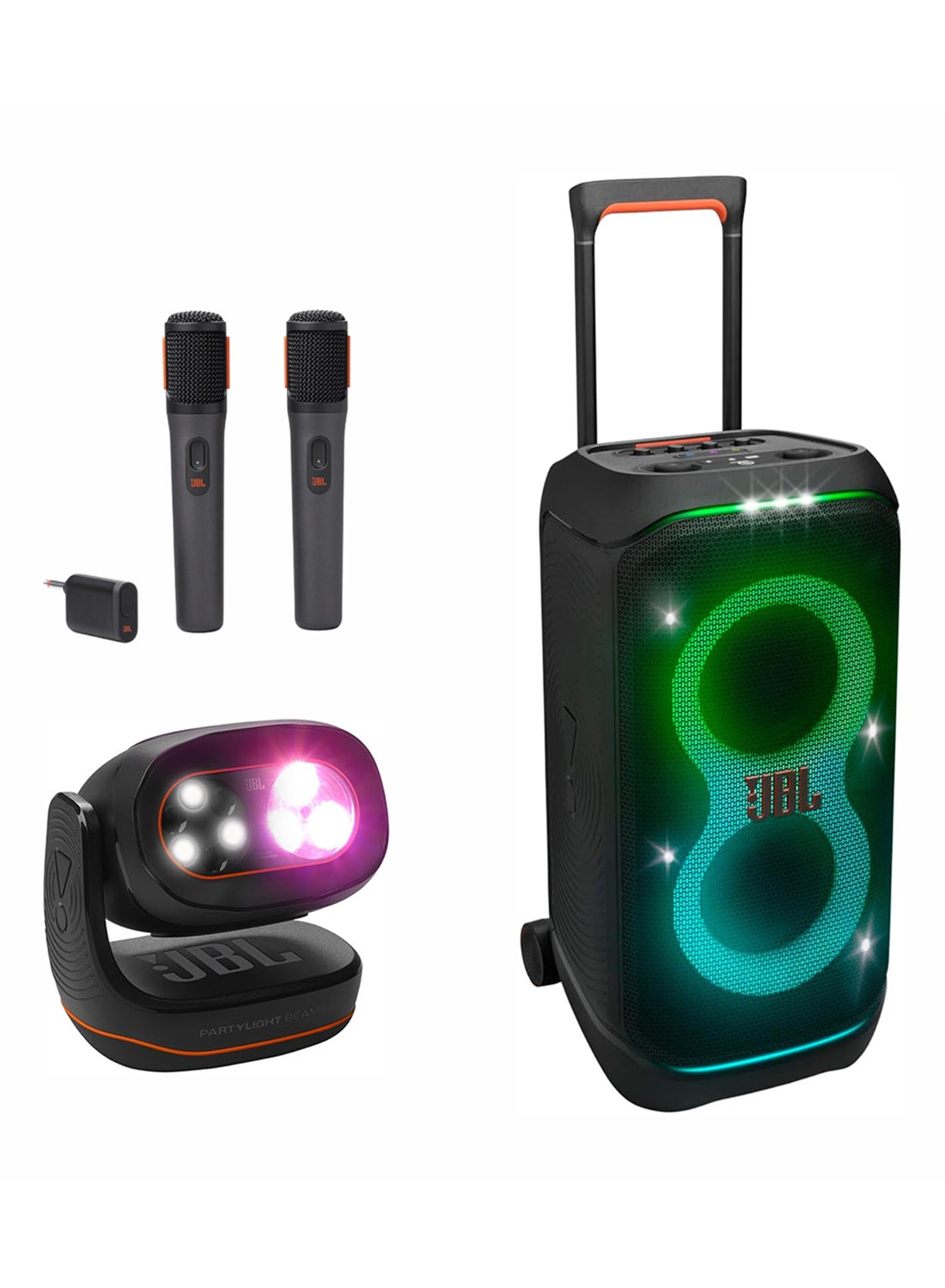 Compare PartyBox Stage 320 Wireless Party Speaker, + Digital wireless microphones + PARTYLIGHT BEAM Bluetooth projection party light JBLPBCLUB320UK+JBLPBWIRELESSMIC+JBLPLBEAMEU Black at KSA Price