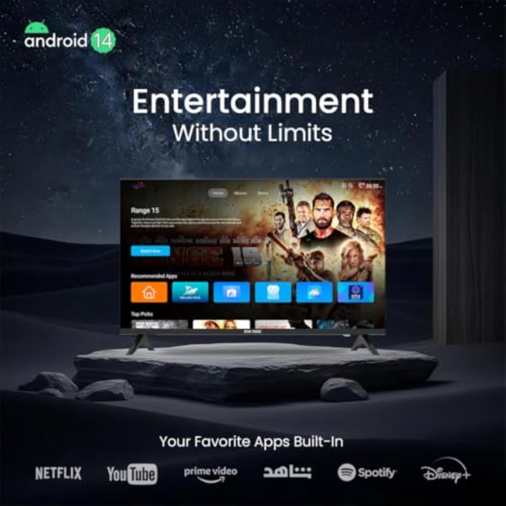 Compare LED Smart TV for living room, A+ screen with edgeless frame, black, HD resolution, Android 14.0, WiFi, MIRACAST, Netflix, YouTube, Prime Video, HDMI and USB connectivity at KSA Price