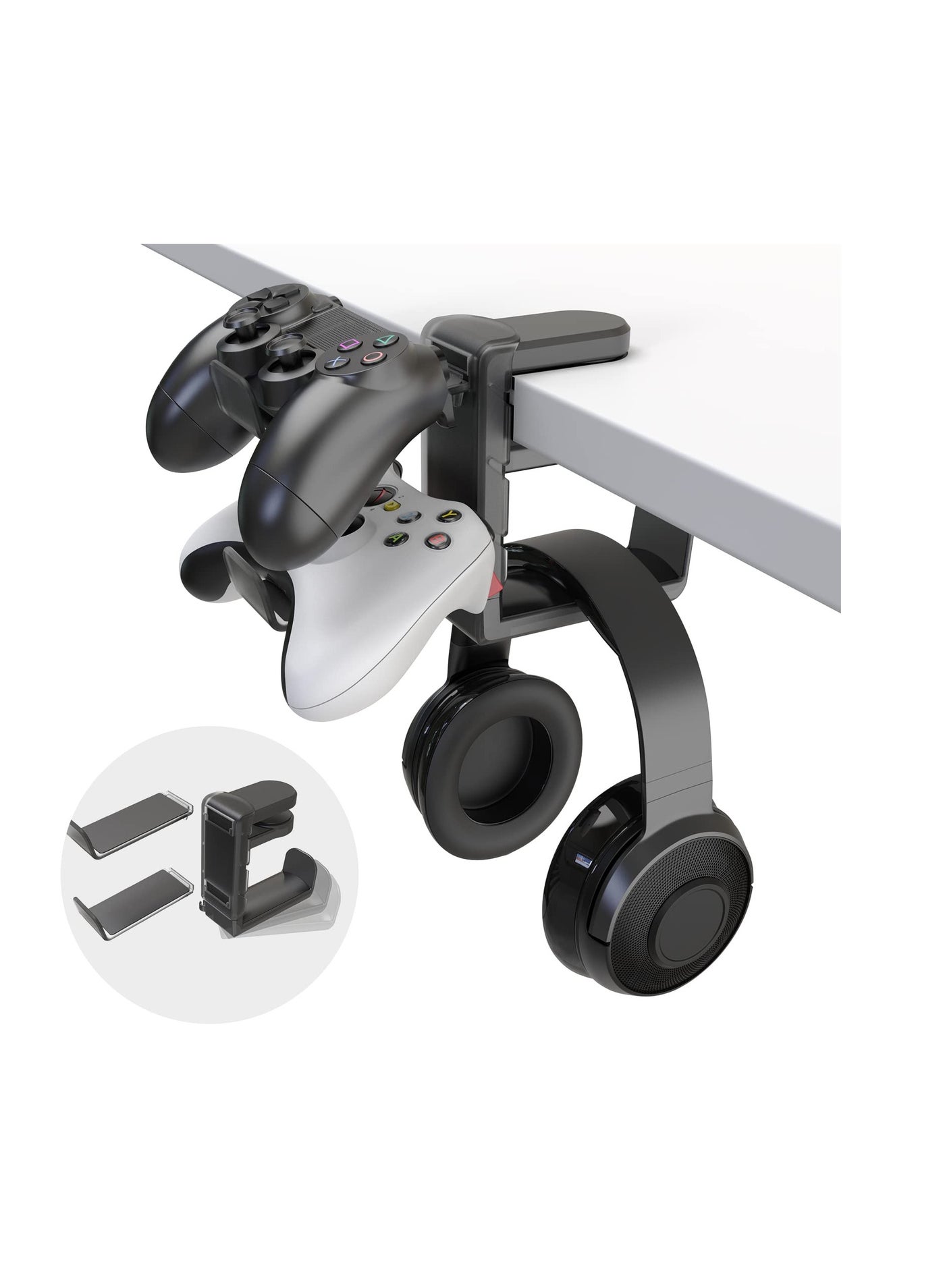 Compare 3in1 PC Gaming Headset and Controller Holder, Headphone Stand with Adjustable Clamp, 2 Controller Holders, Rotating Arm, and Cable Organizer, Universal PC Gaming Accessory Controller Headset Stand at KSA Price