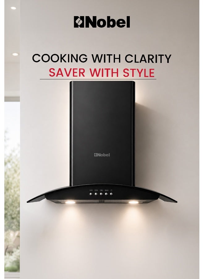 Compare 60 cm BuiltIn Chimney Hood, Black & Tempered Fume Glass Finish, Mechanical Push Button Control, 3 Speed Settings, 400 M³H Performance, 58dba Noise Level, 2 x 28W Halogen Light, Dishwasher Safe Aluminum Cassette Filter BuiltIn Nobel NBI8631CH Silver at KSA Price