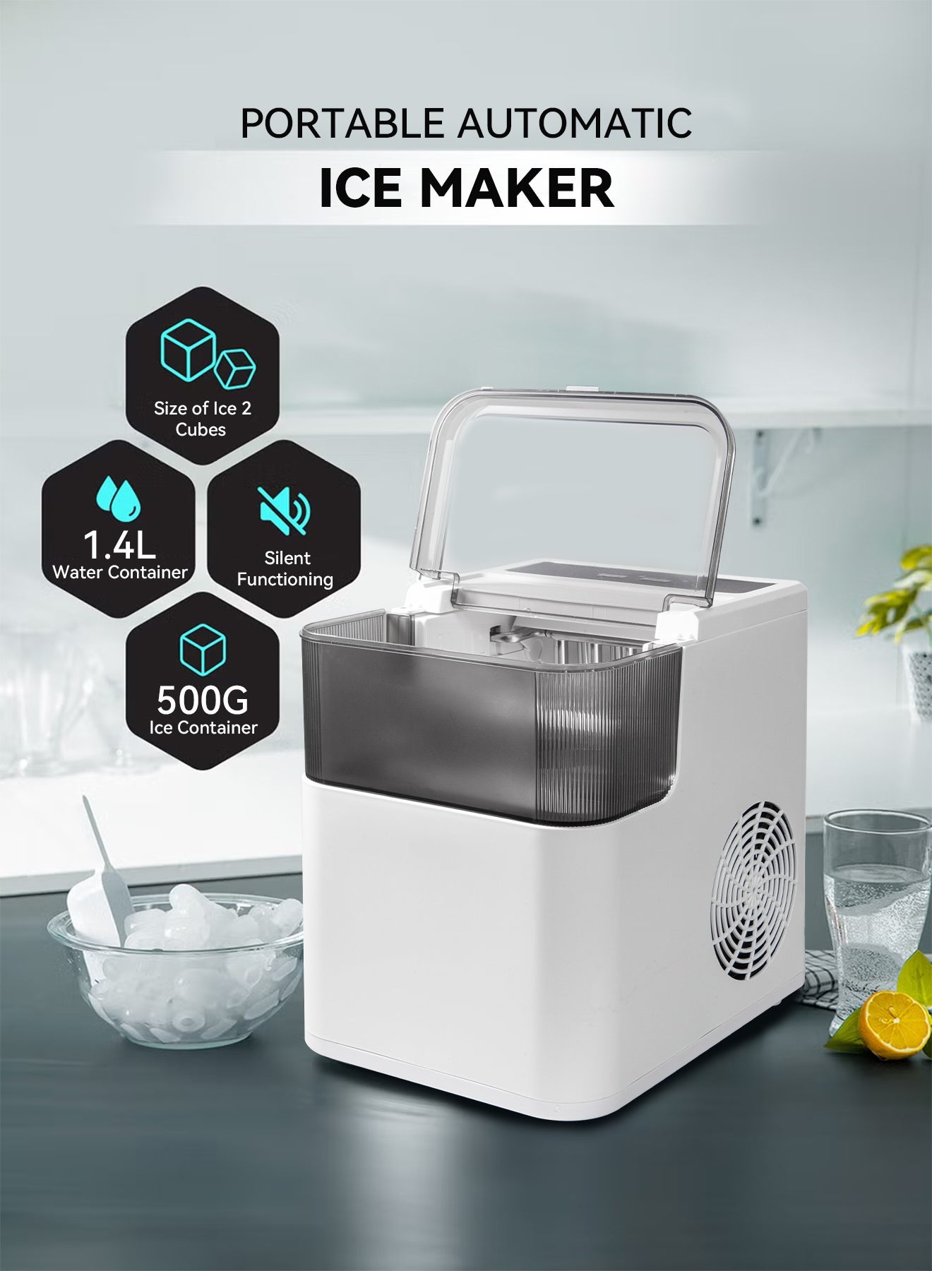 Compare Ice Maker Machine Countertop with Handle, SelfCleaning Ice Maker with Scoop and Basket, 9 Cubes in 8 Mins, 12KG24H, 1.4L Water Tank, Ice Basket Holds 500G cubes, 165W, Portable Small Ice Machine for Home kitchen Office Pa at KSA Price