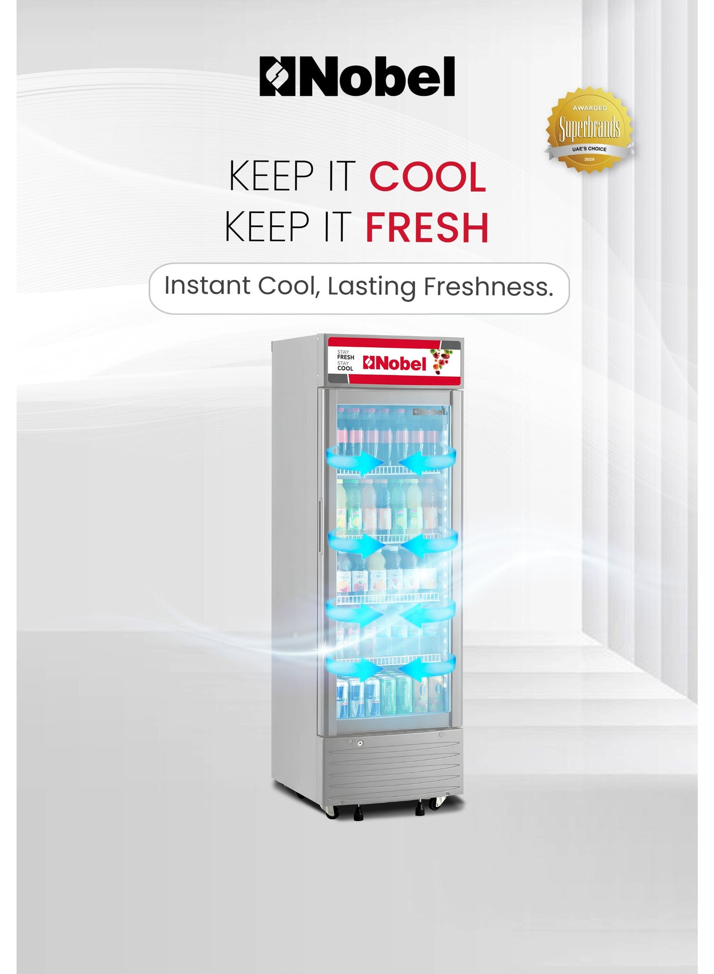 Compare Showcase Chiller Single Door NoFrost 325L Gross  298L Net Capacity, LED Display Cooling Refrigerator with Lock & Wheels – 1 Year Warranty 325 L 230 W NSF325NF Silver at KSA Price