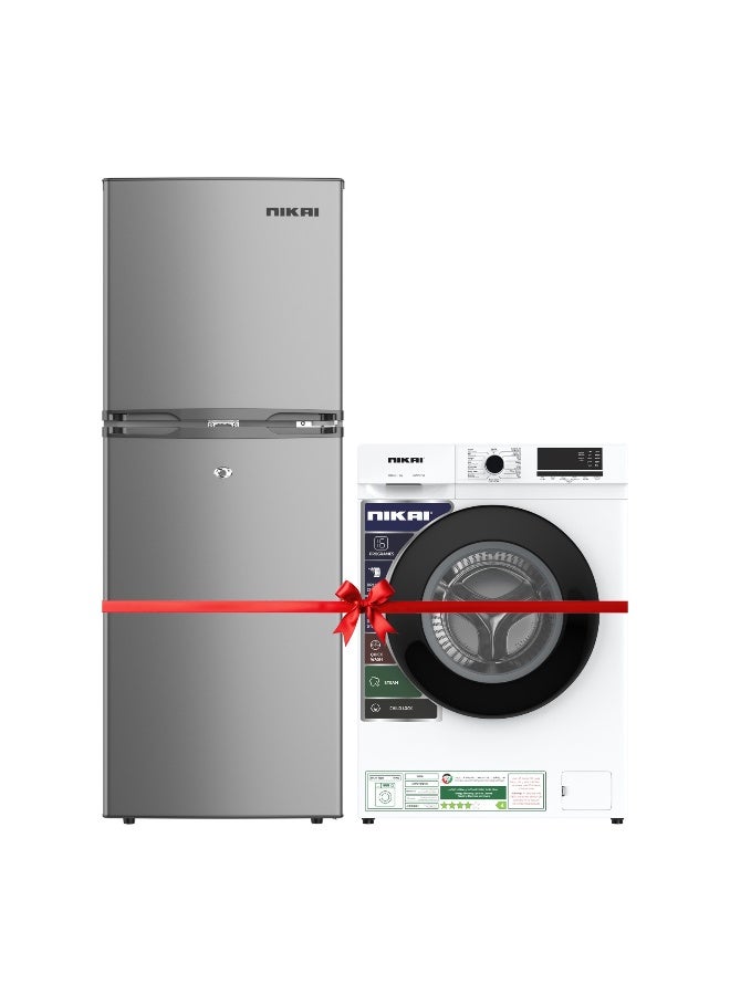 Compare Nikai 190L Net Double Door Refrigerator NRF190DN4S Silver + 7KG Front Load Washer NWM701FN9 White Bundle | Defrost, Adjustable Shelves, Steam Wash, 1000 RPM, 4 Star Energy Saving | Ideal for Home, Kitchen & Family at KSA Price
