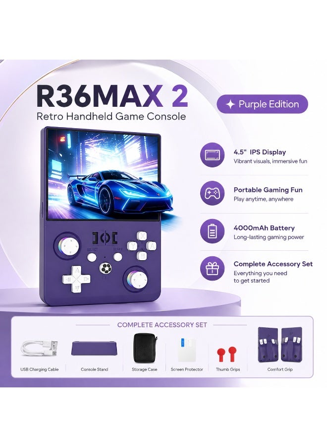 Compare R36MAX 2 Retro Handheld Game Console 4.5 IPS HD Screen Portable Gaming Console 1.5GHz CPU 30+ Emulator Support 4000mAh Battery Long Playtime Retro Video Game Player Device Purple at KSA Price