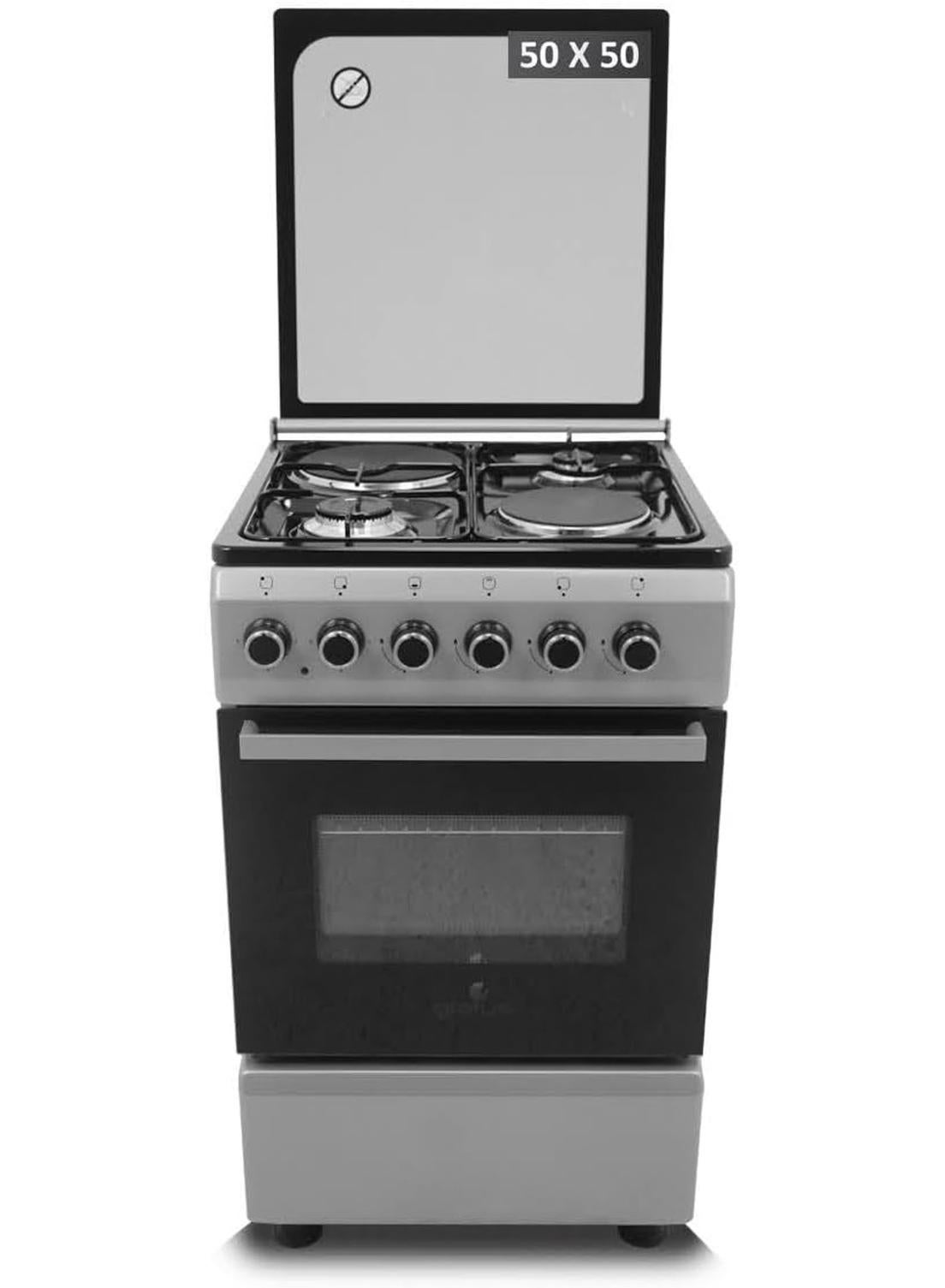 Compare 50×50?cm Free?Standing Cooker – 2 Gas Euro Burners + 2 Electric Hot Plates • Gas Oven • Model CRH522KTSS1 at KSA Price