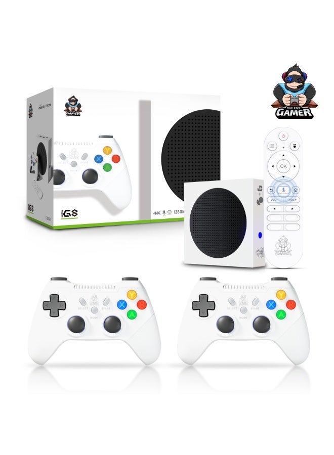 Compare Video game console box G8 series retro and unit that resembles a miniature Xbox Series S, complete with dual wireless controllers and a remote at KSA Price