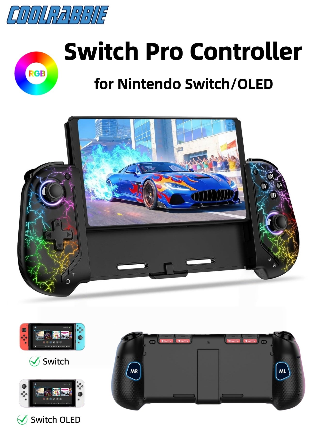 Compare CoolRabbie RGB Switch Game Controller Compatible with Nintendo SwitchOLED, Bluetooth Pro Remote Gamepad for Nintendo Switch 2Swith LitePCMobileTablet, Hall Effect OnePiece Joypad with 6Axis Gyro, Motion Control, Wakeup, Dual Vibration, Turbo, 1000mAh Battery, Glowing Lightning at KSA Price